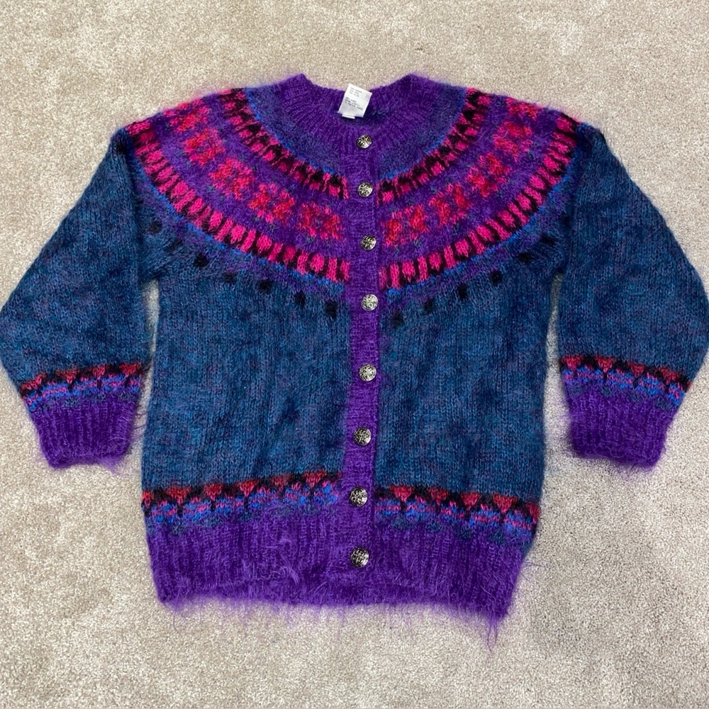 Vintage 90s‎ Icelandic Design Cardigan Mohair Wool Blend Sz M/L Purple Teal Pink